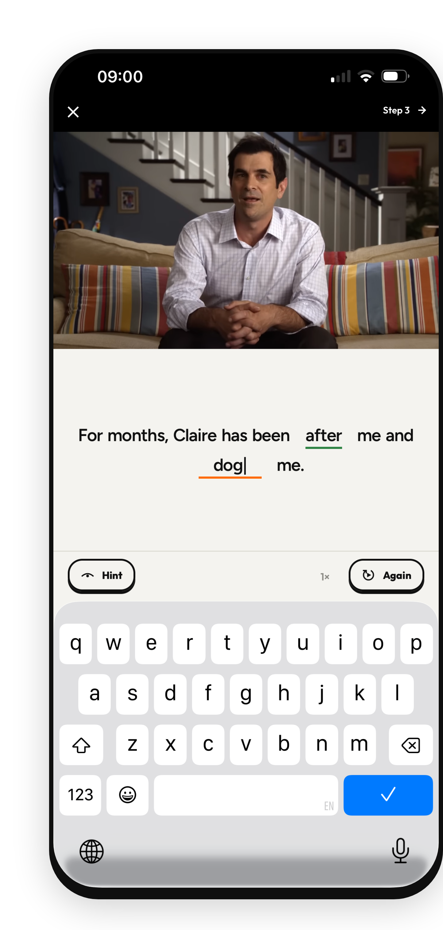 PopEar fill-in-the-blank exercise screen: typing what you heard