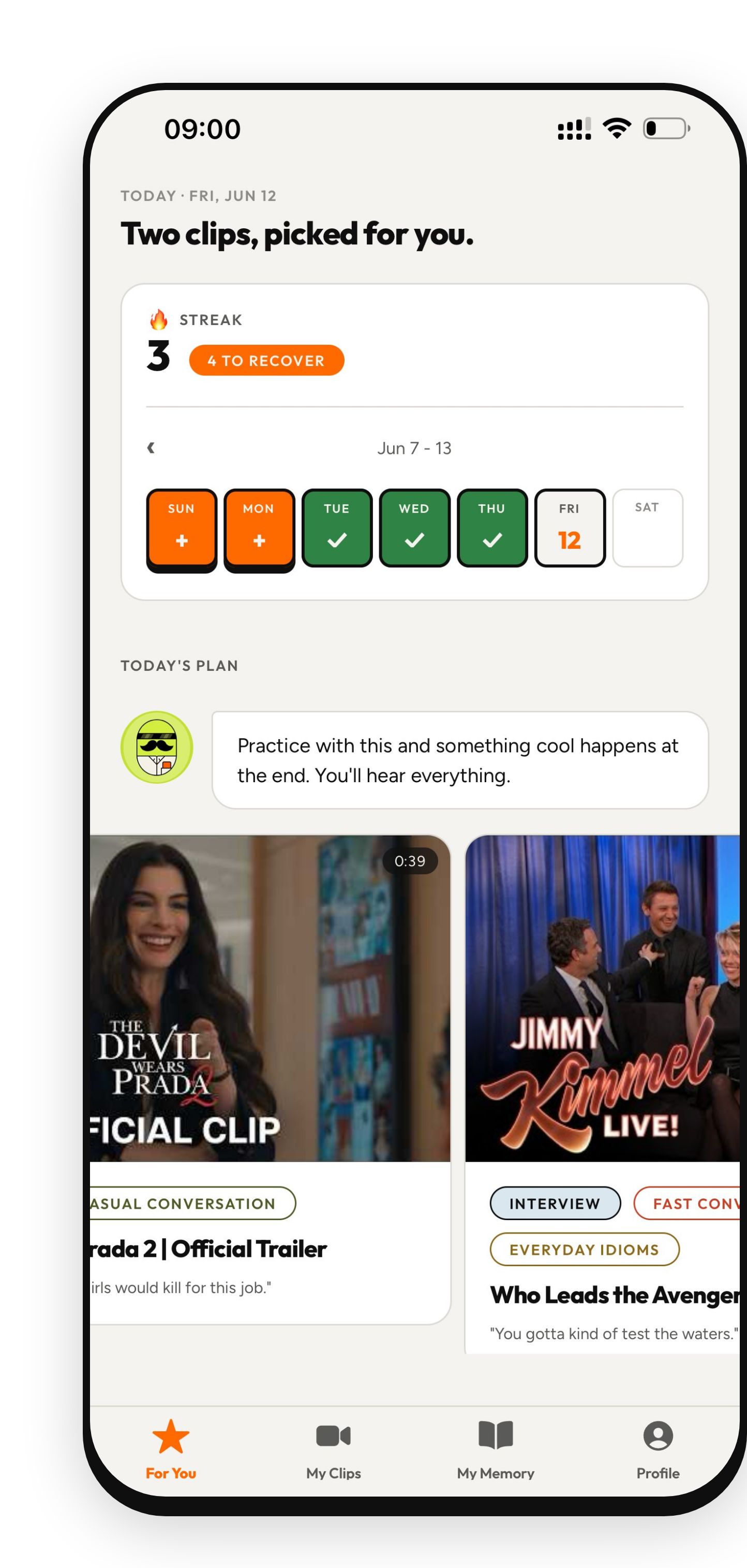 PopEar home screen showing two clips chosen for you today