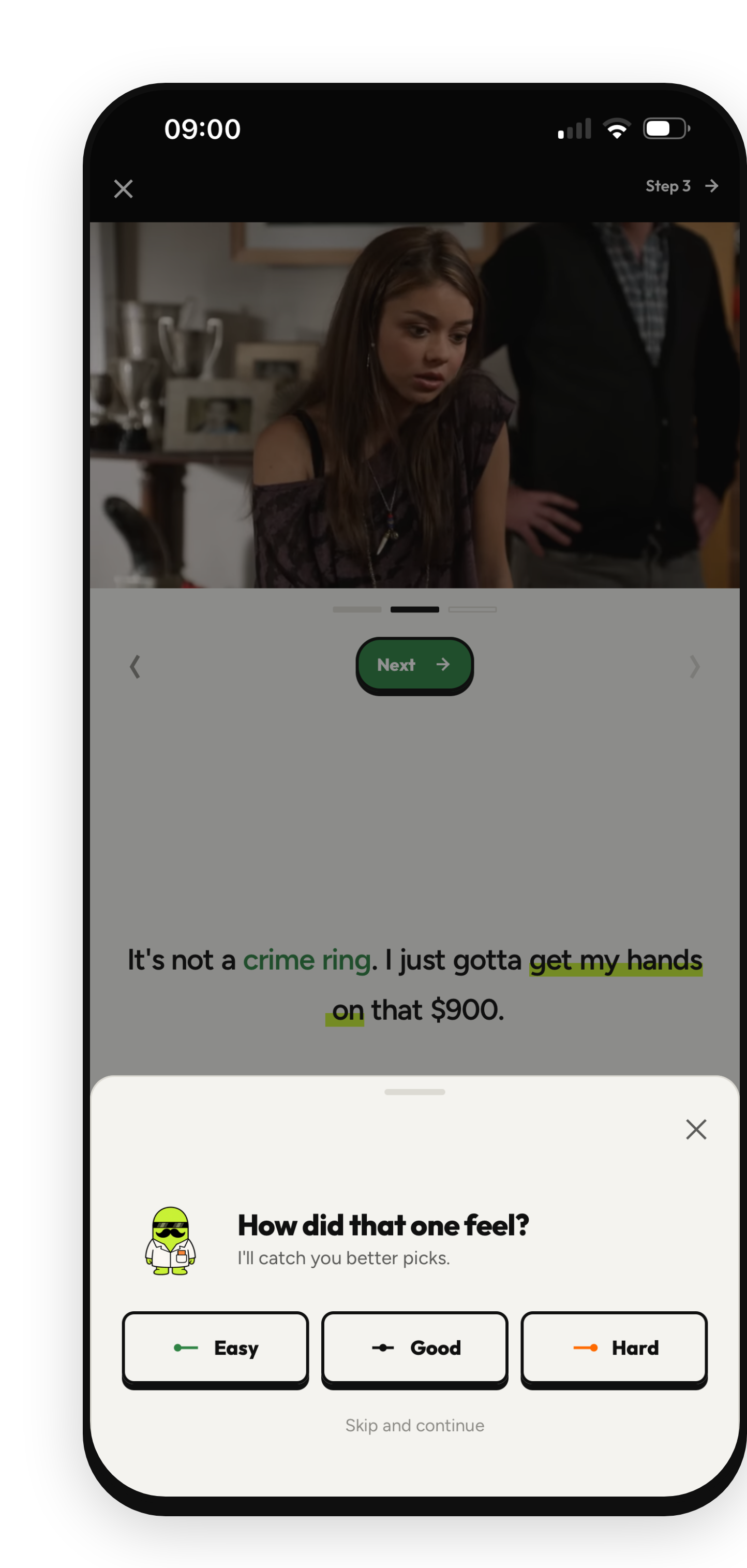 PopEar screen asking how a clip felt, tuning your next picks