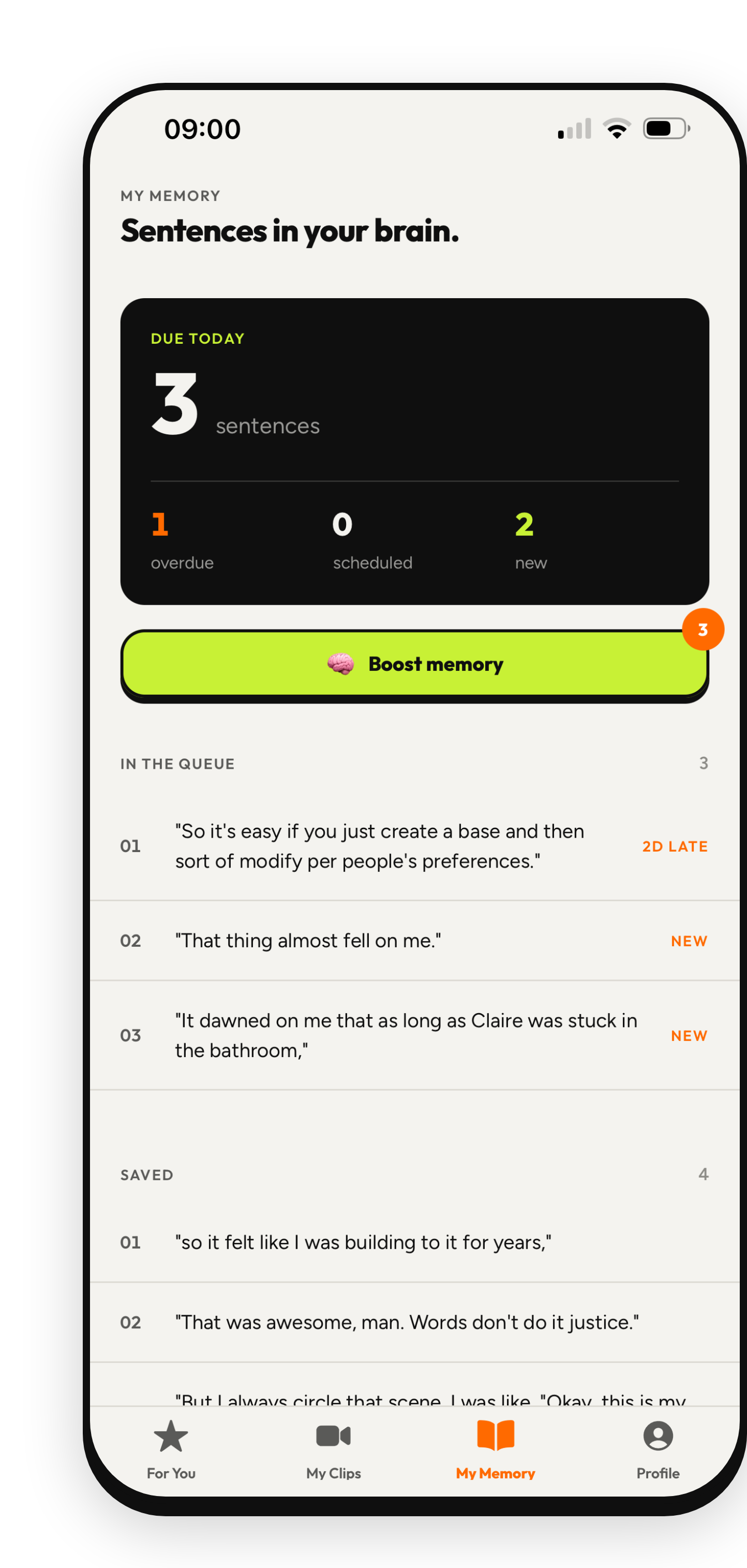 PopEar My Memory screen showing sentences due for review